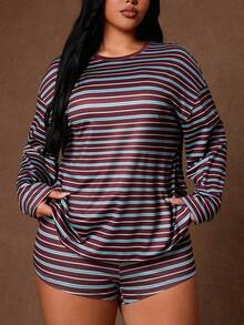 Rustia Summer New Round Neck Striped Loose Casual Long Sleeve T-Shirt And Drawstring Shorts Set Plus Size 2-Piece Fall - Multicolor - View 2
