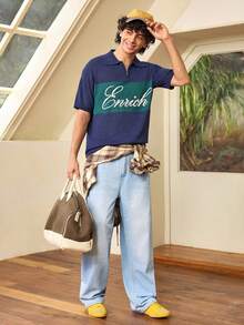 Whitmere Men's Y2K Solid Color Washed Denim Long Pants, Straight Leg Casual Loose Wide Leg Pants - Blue - View 3