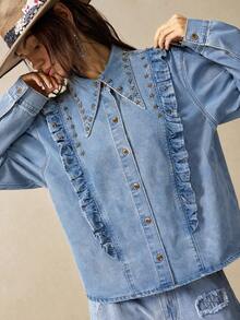Bohemela Women's Long Sleeve Metal Star Decor Single-Breasted Denim Shirt Autumn Y2K Country 90s Western Tops Clothing Mexican Blouse Rave Concert Light Blue - Light Wash - View 8