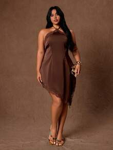 Rustia Plus Size Women Lace Patchwork Casual Party Halter Neck Dress - Coffee Brown - View 6