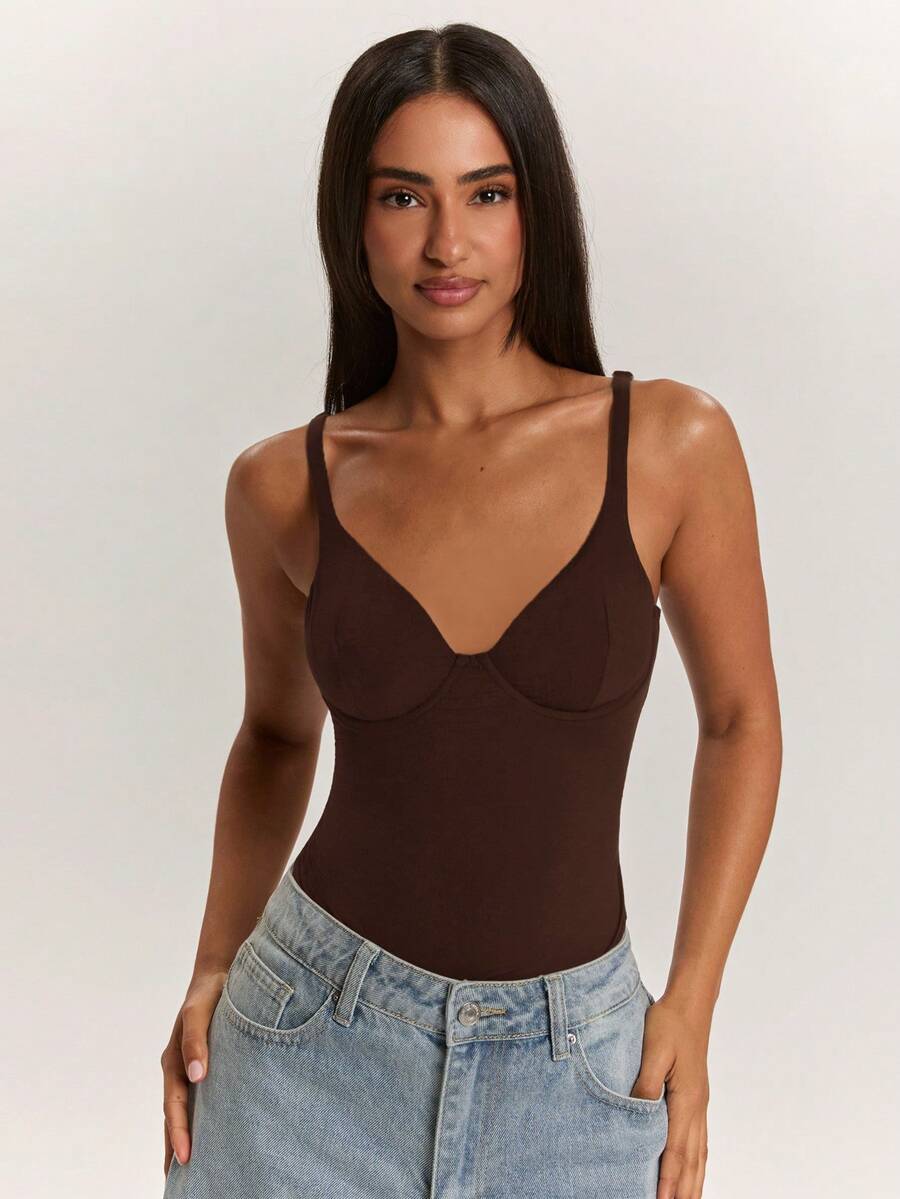 SHEIN BAE Women's Solid Color Fitted Versatile Everyday Cami Camisole - Coffee Brown - View 1