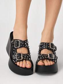 Sugerpunk Women's Fashion Platform Sandals, Dark Punk Style Heavy Industry Rivet Gas Eye Design Thick-Soled Wedge Sandals, Adjustable Elastic Design Subculture - Jazz Black - View 4