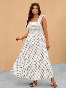 Elaquor Gaun Liburan Kasual Motif Polkadot Ukuran Besar - Putih - View 5