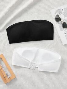 SHEIN Tween Girl Daily Casual Knit Solid Color Non-Wired Bandeau Bra - Black and White - View 10