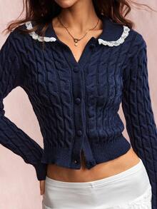 Willow Rêve Women's Navy Blue Cable-Knit Cropped Cardigan With White Lace-Trim Collar, Button Front And Long Sleeves, Preppy Boho Autumn School Style,Cardigan - Blue - View 1