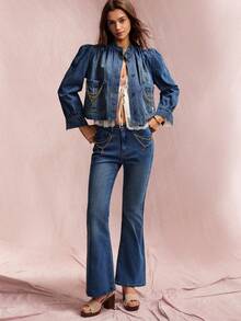 Willow Rêve Women's Navy Blue High-Waist Flared Jeans, Solid Washed Denim Chain-Decor Button Pockets, Retro Street 90s Vintage 70s Summer Everyday Night Out - Blue - View 4