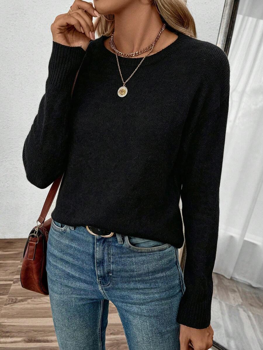 SHEIN PariChic Women's Solid Color Casual Versatile Daily Wear Long Sleeve Sweater - Black - View 1