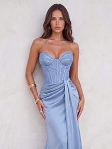 Aloruh Elegant Lace Patchwork Satin Bandeau Maxi Dress,See-Through Bust,Ruched Waist,Fishtail Hem,Formal Gala,Wedding,Birthday Party & Graduation Gown Fall - Blue - View 5