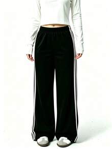 Teen Girls Wide Leg Casual Knitted Ribbon Elastic Waist Loose Sweatpants,Holiday,Summer,Travel, Fall, Minimalist, Back To School, Outfit - Black - View 4