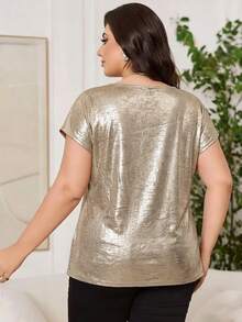 Reflora Plus Size Women's Champagne Casual Solid Color Batwing Sleeve Ruched Waist Blouse, Simple Plus Size Shirt Suitable For Parties - Gold - View 2