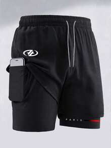 GymBeat Pantalones cortos deportivos de doble capa con cintura de cordón para hombre - Negro - Ver 6