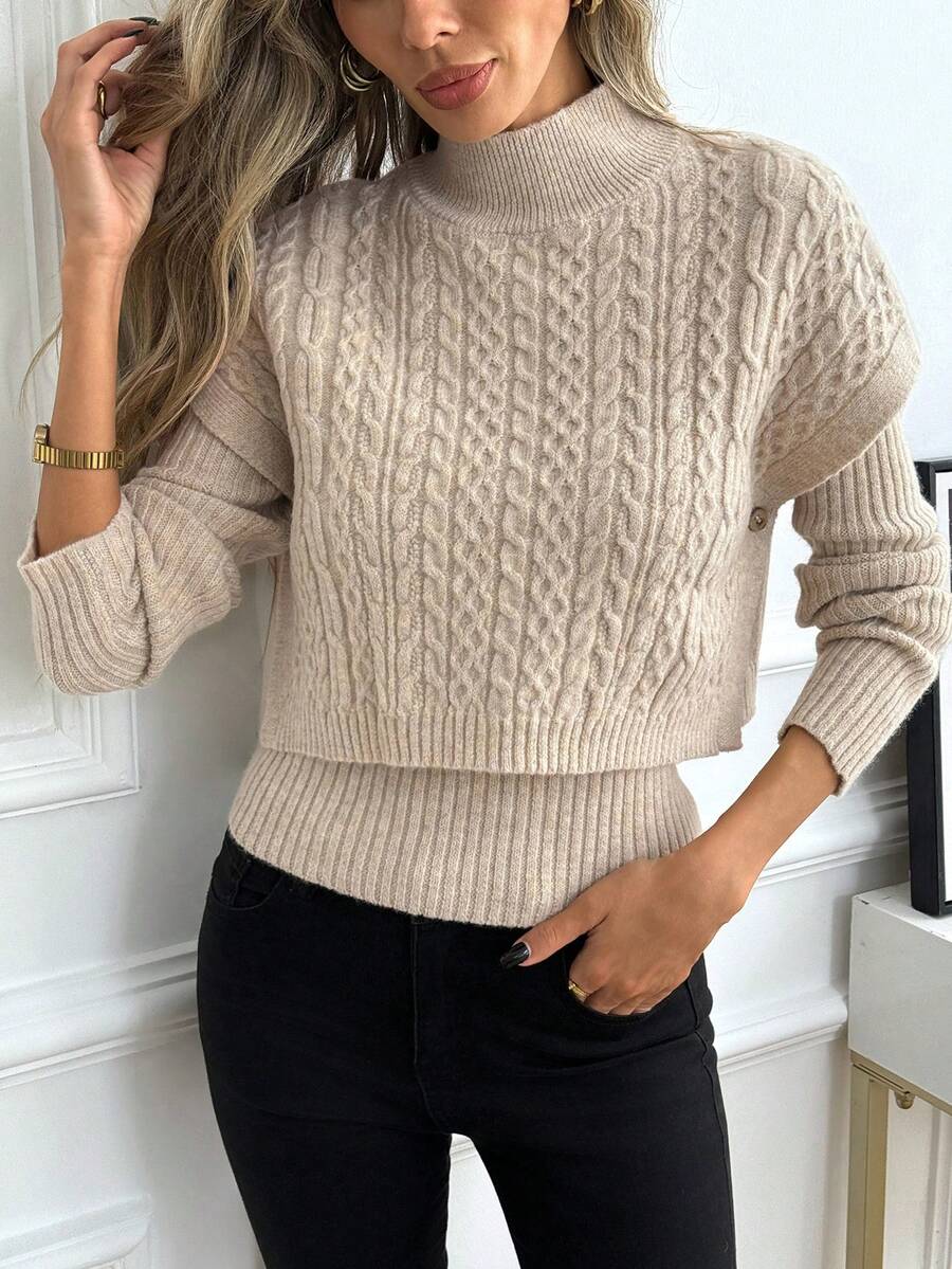 SHEIN PariChic Autumn/Winter Casual Solid Color Stand Collar Short Sleeve Sweater & Long Sleeve Sweater 2pcs Set - Apricot - View 1