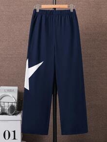 SHEIN 青少年男孩街頭風休閒深藍色運動寬鬆直筒褲 側邊印花星星圖案 - 藏蓝色 - 查看 3