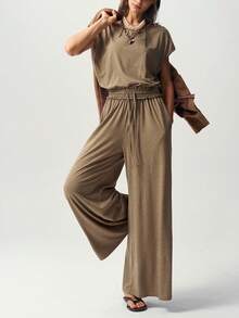 Bohemela Women's Solid Color Back Cutout Design Wide Leg Casual Jumpsuit - Khaki - View 1