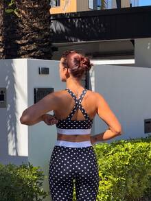 Dewbera Dewbera 1pc Women's Black Polka Dot Separated Cross Strap Tight Long Pants Sports Set - Black and White - View 2