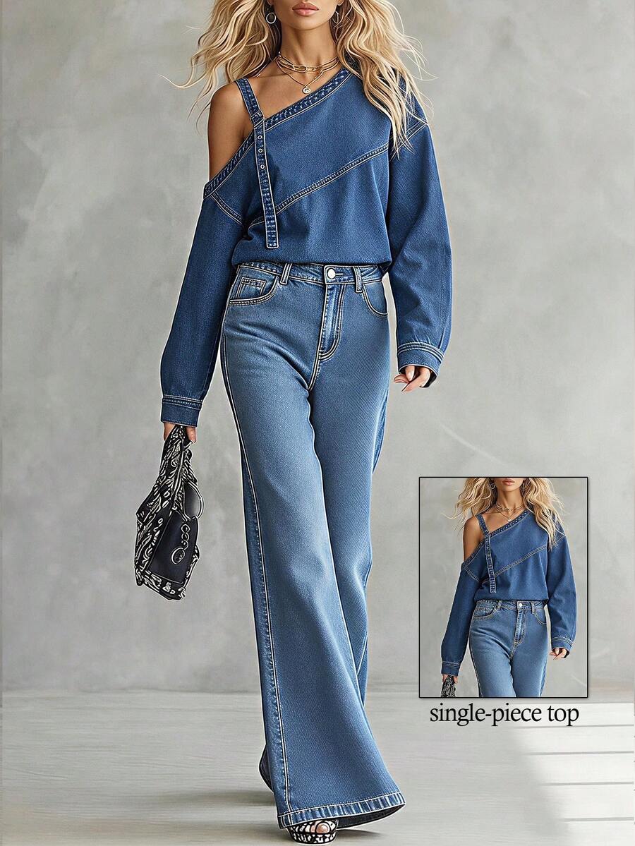 Balvessa Women's Asymmetric Collar Denim Top - Blue - View 1
