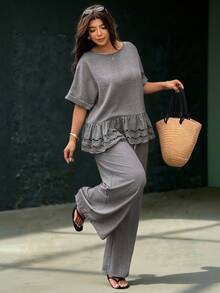 Ceyna Plus Size Women's Casual Vacation Spring/Summer Vintage Minimalist Conservative Distressed Round Neck Raglan Sleeve Cuffed Loose Patchwork Embroidered Lace Short Sleeve Mid-Waist Elastic Straight Wide Leg Slimming 2-Piece Set - Dark Grey - View 1