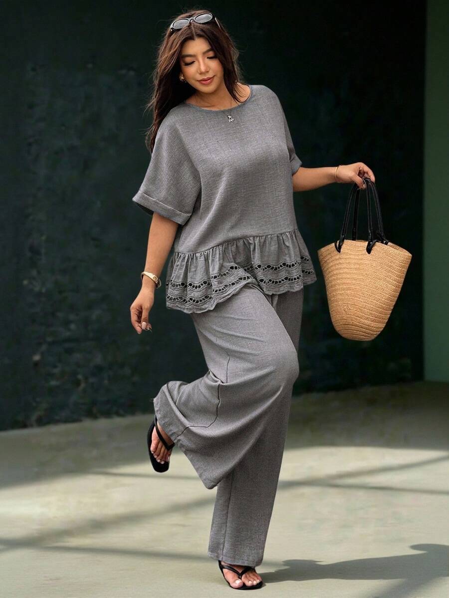Ceyna Plus Size Women's Casual Vacation Spring/Summer Vintage Minimalist Conservative Distressed Round Neck Raglan Sleeve Cuffed Loose Patchwork Embroidered Lace Short Sleeve Mid-Waist Elastic Straight Wide Leg Slimming 2-Piece Set - Dark Grey - View 1