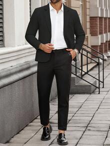 Manfinity Mode Men's Single-Breasted Business Casual Plus Size Blazer Men Classy Office Wear Formal, Ceremony - Black - View 3