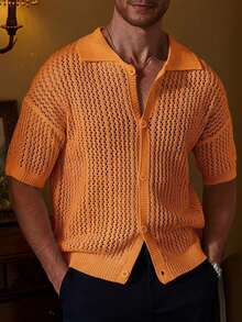 RivetRise Men's Solid Color Short Sleeve Hollow Knit Top - Coral Orange - View 7