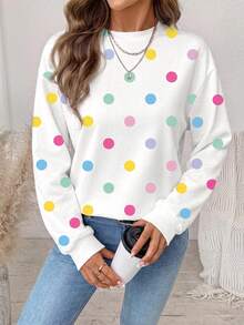 SHEIN LUNE 女款俏皮可愛彩色波點圖案運動衫，現代都市時尚商務休閒辦公穿搭，低調老錢風優雅款 - 白色 - 查看 5
