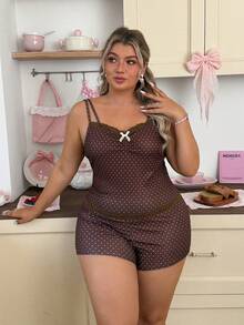 Slumberry CURVE Plus Size Women's Sweet & Sexy Polka Dot Print Ribbed Knit Camisole & Lace Patchwork Shorts Pajama Set - Brown - View 3