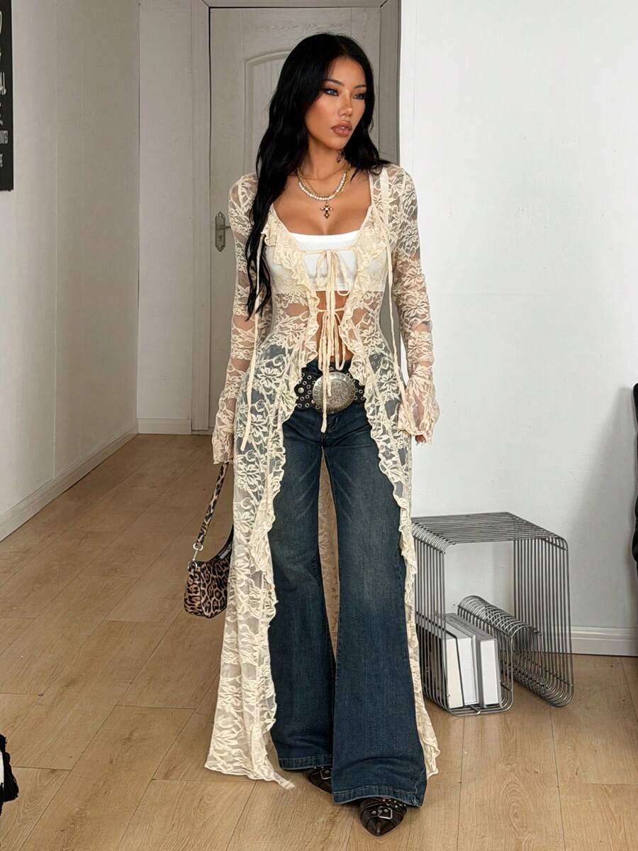 Coolane Women's Fall Streetwear Casual Party Night Beach Vacation Music Festival Lace Straps And Ruffled Ribbons For Hot Girl Style Beige Long Cover-Up - Apricot - View 1