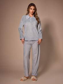 Lazeform Women's Plush Lapel Cardigan & Long Pants Loungewear Set - Grey - View 4