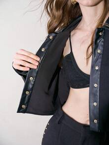 MOTF PREMIUM WOMEN'S AUTUMN/WINTER SHIRT COLLAR LEATHER & WOOL BLEND PATCHWORK METAL BUTTON DECOR LONG SLEEVE CROPPED JACKET - Black - View 8