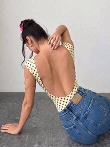 Firerie 女款優雅浪漫時尚通勤性感波點印花露背連身衣，適合派對、度假、約會、婚禮與生日 - 淡黃色 - 查看 6