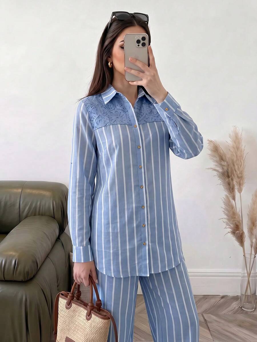 Solavon Women's Striped Colorblock Long Sleeve Top And Pants Casual Daily 2 Pieces Set - Blue - View 1