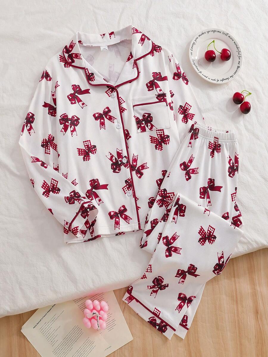 青少年女孩蝴蝶結印花長袖單排扣上衣與長褲居家服套裝 秋冬款 - 粉色 - 查看 1