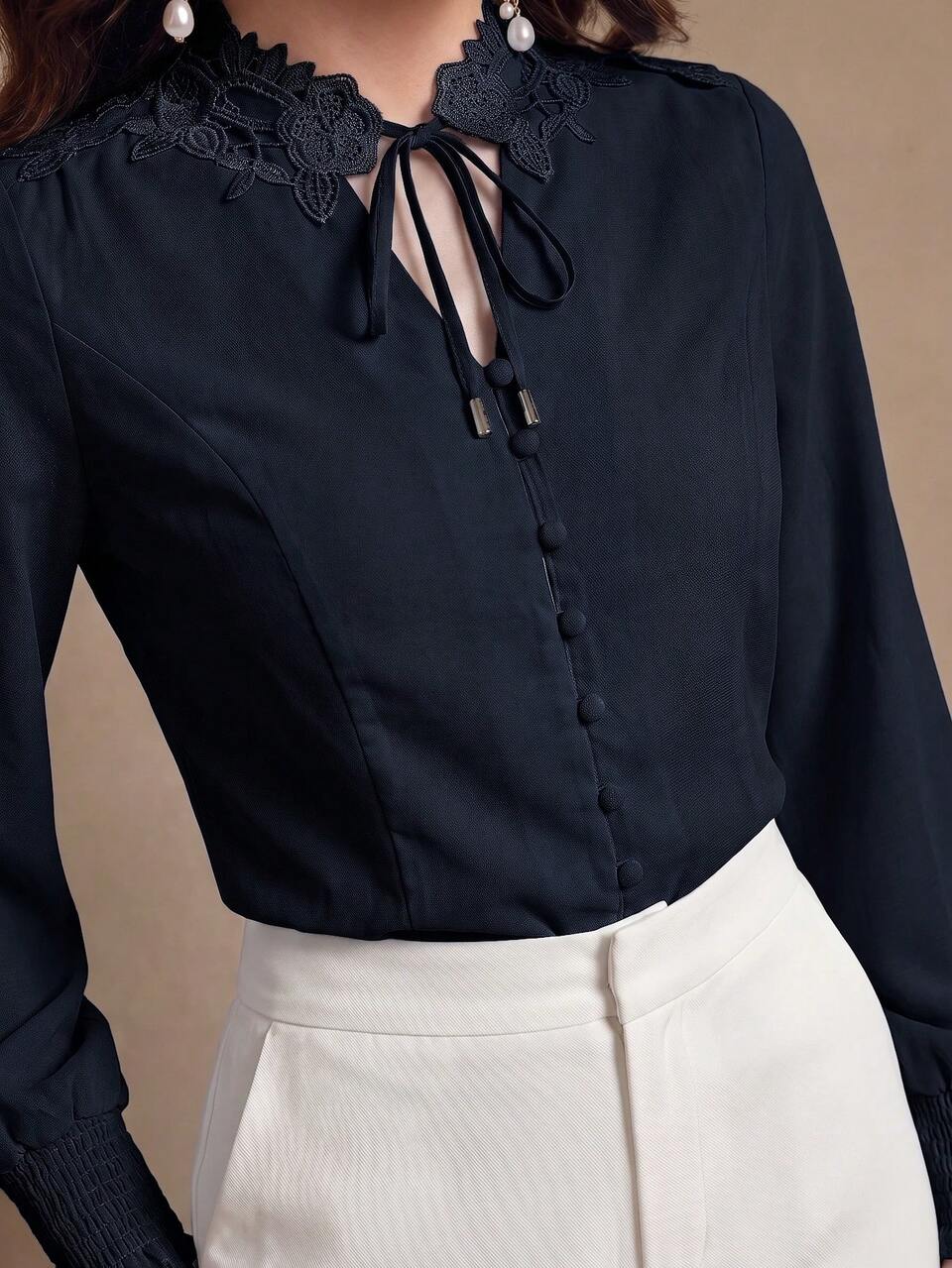 Women's Casual Elegant Blouse Floral Collar Tie Long Sleeve With Smocked Cuffs, Suitable For Spring Summer Valentine's Day Vacation Carnival Wear