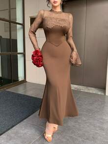 Dazy Tall Women's Elegant Satin Lace Patchwork Round Neck Long Sleeve Flare Sleeve Dress Fall Wedding Guest Dress Women - Brown - View 6