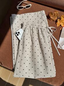 Comfortcana Plus Size Women's Polka Dot Pattern Waist Tie Casual Long Pants - Apricot - View 4