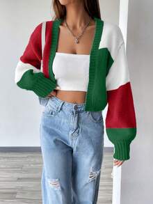 SHEIN Unity 秋冬休閒拼接配色寬鬆短版開襟衫 - 彩色 - 查看 5