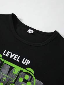男童遊戲機英文單字印花黑色長袖上衣與黑白格紋長褲套裝，休閒睡衣居家服 - 彩色 - 查看 6