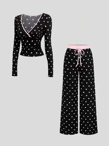 Sweetra Women's New Spring Summer Autumn Winter Black Polka Dot Fabric Colorblock Patchwork Design Bow Decor Cute 2 Pieces Set Suitable For Outings Shopping Dining - Black and White - View 1