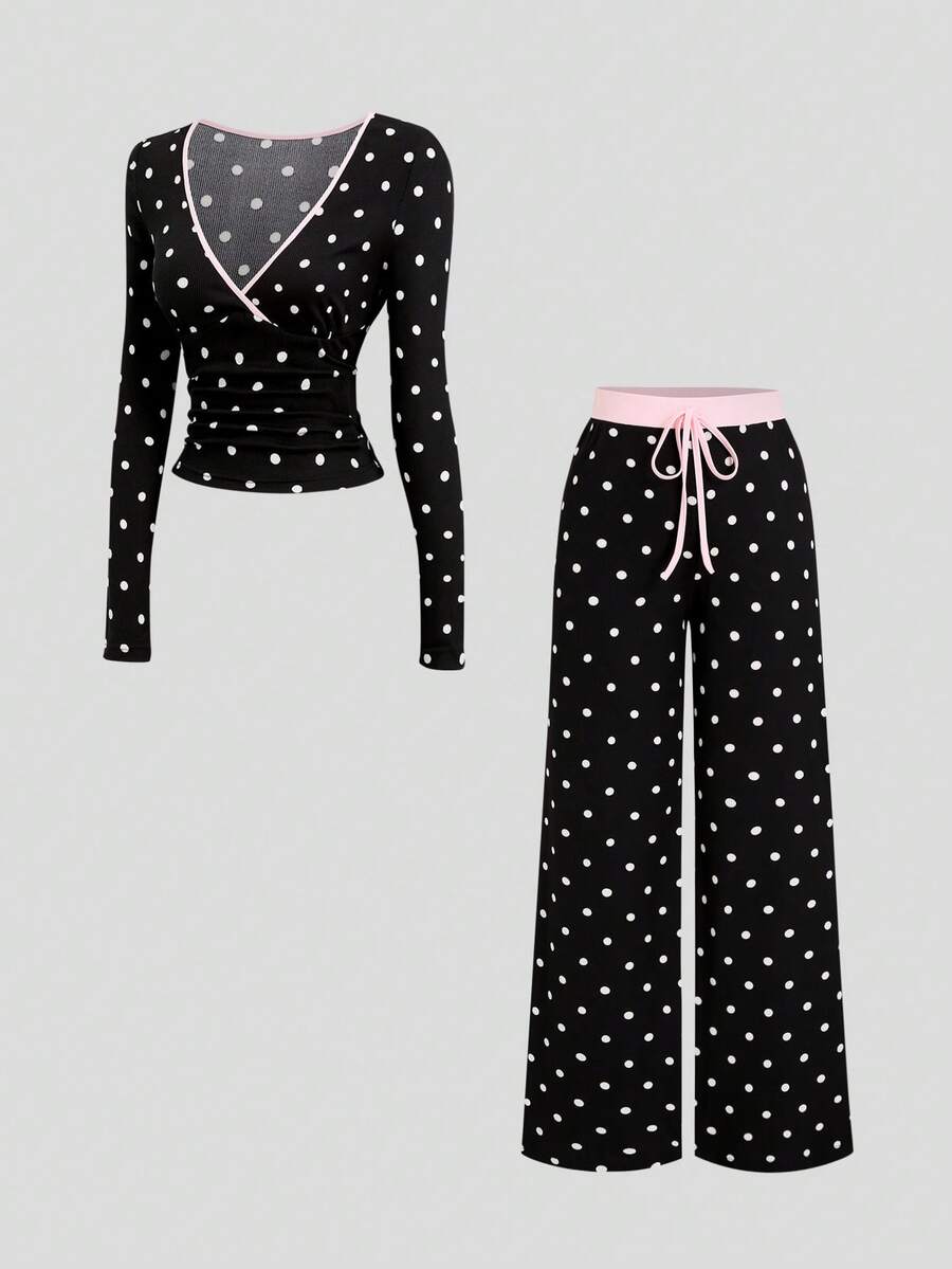 Sweetra Women's New Spring Summer Autumn Winter Black Polka Dot Fabric Colorblock Patchwork Design Bow Decor Cute 2 Pieces Set Suitable For Outings Shopping Dining - Black and White - View 1
