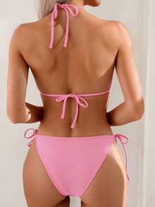 Oceva Traje de baño de una pieza con escote halter y unicolor para playa y verano - Rosa - Ver 2