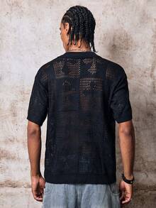 Skyrend Men Black Knit Cardigan, Polo Collar Short Sleeve Mesh Hollow Out Button Front Sweater Fall/Autumn/Winter Halloween Grunge - Black - View 3