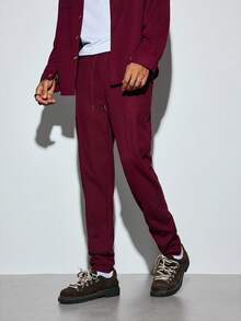 Modcrash Setelan 2 potong Kemeja Kasual Pria Warna Polos dengan Kerah & Saku + Celana, Bahan Poliester Ringan, Pakaian Santai, Olahraga, Liburan, Musim Semi/Gugur - Burgundy - View 8