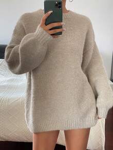 DAZY Solid Color Loose Round Neck Long Sleeve Lantern Sleeve Casual Vacation Spring Autumn Pullover Knit Sweater For Women - Apricot - View 3