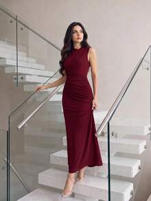 Modelyn Half-High Neck Sleeveless Pleated Versatile Elegant Elegant Vacation Party Dinner Dress Burgundy Summer - Burgundy - View 5