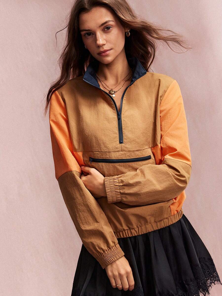 Willow Rêve Jaket Windbreaker Longgar Wanita Motif Garis-Garis Cokelat Oranye, Kerah Tegak Setengah Resleting, Saku Resleting, Manset Elastis, Gaya Kasual Musim Gugur, Jaket Elegan Wanita - Khaki - View 1