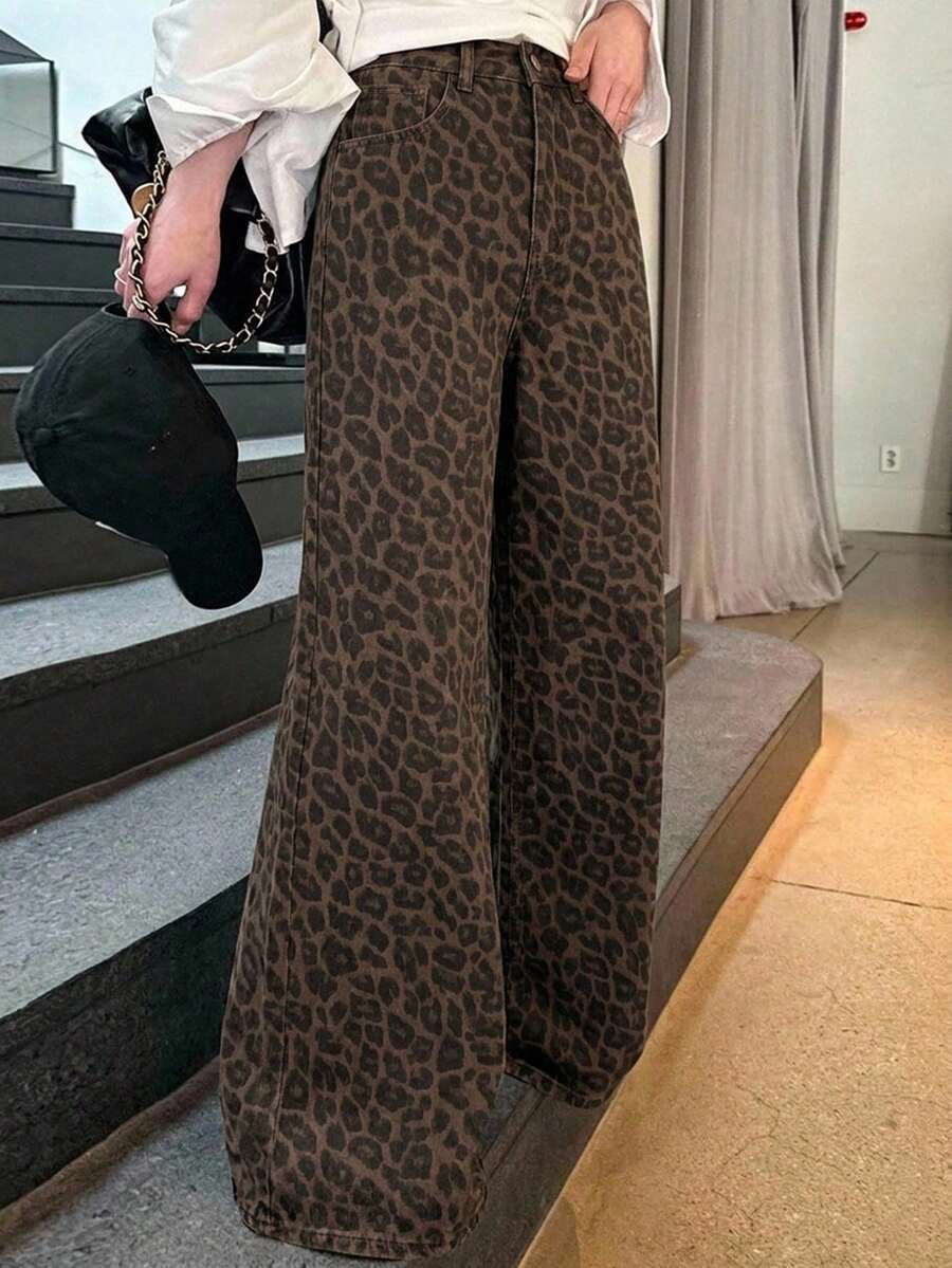 DAZY 女款寬鬆高腰修身直筒牛仔長褲,極簡百搭舒適落地褲,秋季款 - 棕色 - 查看 1