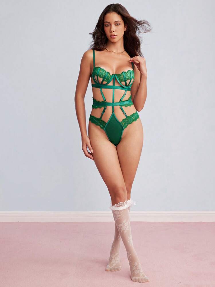 Elorette Women's Lace Patchwork Sexy Lingerie Jumpsuit - Olive Green - View 3