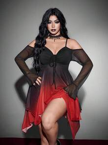 Whyspr Gaun Halloween Goth Gradient Mesh Lengan Panjang Transparan dengan Hem Asimetris untuk Musim Gugur - MultiWarna - View 5