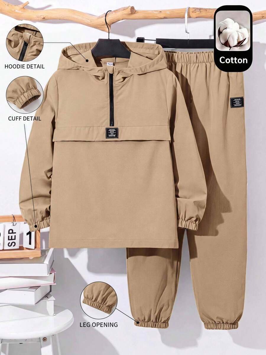 SHEIN 2pcs Kids Tween Boy Half-Zip Hooded Khaki Jacket And Jogger Pants Set, Suitable For Fall/Winter, School, Family Gathering, Back To School, Sports, FallOutfit, WinterOutfit