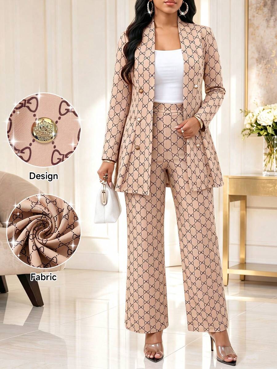 SHEIN Lady طقم نسائي أنيق من قطعتين باللون الكاكي مطبوع بنقشة فيونكة، بليزر مفتوح الأمام بأكمام طويلة مع بنطال واسع الساق، مناسب للمكتب والعمل والأعمال التجارية في فصل الخريف - لون مشمشي - مشاهدة 1